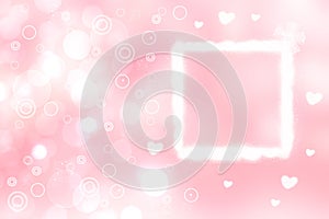 Abstract festive blur bright pink pastel background with a frame and white pink hearts bokeh made for valentine or wedding card.