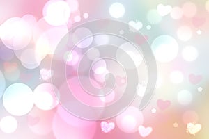 Abstract festive blur bright pink pastel background texture with pink and white hearts love bokeh for Mothers day, valentine or