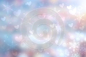 Abstract festive blur bright pink pastel background texture with white pink hearts love bokeh and stars for valentine or wedding