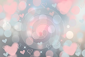 Abstract festive blur bright pink pastel background texture with white pink hearts love bokeh and stars for valentine or wedding