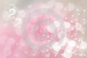 Abstract festive blur bright pink pastel background with white and pink hearts love bokeh for valentine or wedding card. Space for