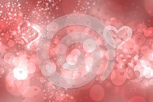 Abstract festive blur bright red white background with light pink hearts inside love bokeh for wedding card or Valentine day.