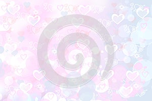 Abstract festive blur light pink blue pastel background with white pink hearts bokeh for wedding card or Valentine day.  Romantic