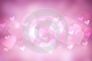 Abstract festive blur light pink pastel background with white pink hearts inside love bokeh for wedding card or Valentine day.