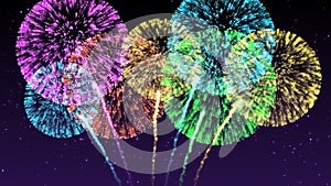 Abstract Festive Colorful Sparkling Furry Ball Fireworks Explosion On Dark Purple Starry Night Sky