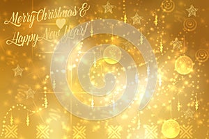 Abstract festive elegant gold glittering greeting card with bokeh circles, glowing christmas stars, baubles and a Merry christmas