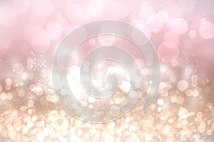 Abstract festive light brown gradient pink silver bokeh background texture with colorful circles and bokeh lights. Beautiful