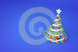 Abstract festive spiral christmas tree made of white ribbon with rainbow xmas balls. 3d render illustration on blue background.