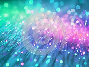 Abstract fiber optic bundle, close-up view of light-emitting glass fibers.