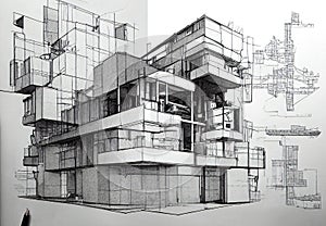 Abstract fictional architectural drawings and sketches made with Generative AI. Architecture dreams and ambitions concept.