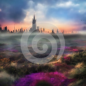 Abstract fictional scary dark wasteland city background colorful ground light mist