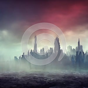 Abstract fictional scary dark wasteland city background colorful sky