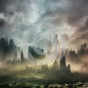 Abstract fictional scary dark wasteland city background colorful thick mist over structures