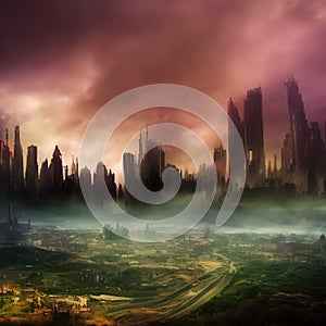 Abstract fictional scary dark wasteland city background dark ominous