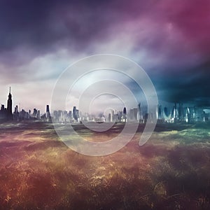 Abstract fictional scary dark wasteland city background distant cityscape view