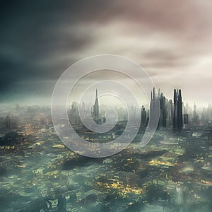 Abstract fictional scary dark wasteland city background dreamy distant city