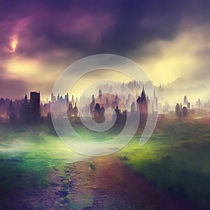 Abstract fictional scary dark wasteland city background green patch mist