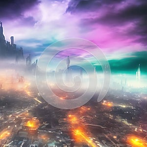 Abstract fictional scary dark wasteland city background green and purple clouds