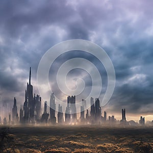 Abstract fictional scary dark wasteland city background light blue clouds