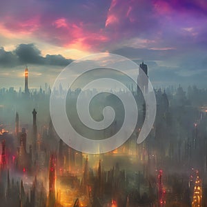 Abstract fictional scary dark wasteland city background lighted colorful mist
