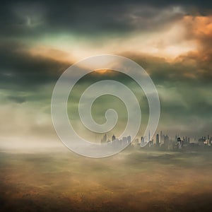 Abstract fictional scary dark wasteland city background mist blankets cityscape