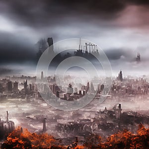 Abstract fictional scary dark wasteland city background pending doom