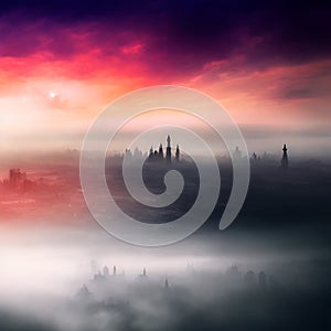 Abstract fictional scary dark wasteland city background pink and red sky