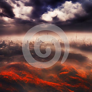 Abstract fictional scary dark wasteland city background red blanket of mist