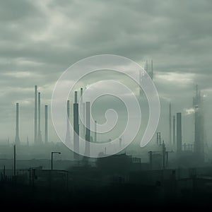 Abstract fictional scary dark wasteland city background thick mist tall structures
