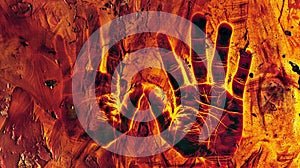 Abstract fiery handprint on textured background