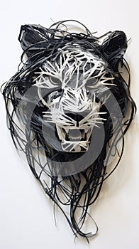 Abstract figure of a lion made of paper and plastic.