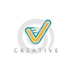 V logo and check mark icon design with speed effect