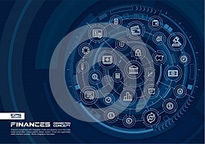 Abstract finance, bank technology background. Digital connect system with integrated circles, glowing line icons.