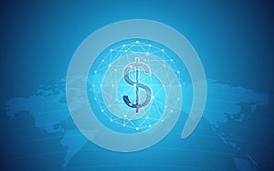 Abstract financial background with dollar sign in network sphere and world map on gradient blue color