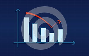 Abstract financial bar chart with rebound red arrow on blue color background