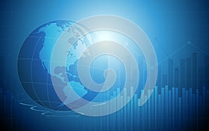 Abstract financial bar chart in stock market and wireframe globe on blue color background