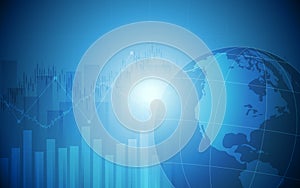 Abstract financial bar chart in stock market and wireframe globe on blue color background