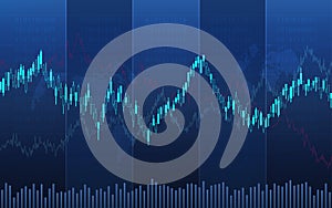 Abstract financial candlestick chart with line graph and stock numbers on gradient blue color background