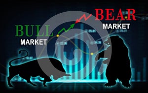 Abstract financial chart with bulls and bear in stock market, Bull market and Bare market symbols, stock market concept