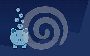 Abstract financial chart with dollar coin drop to piggy bank in flat icon design on blue color background