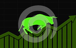 Abstract financial chart with green color uptrend line arrow graph and bulls go up on black color background