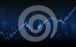 Abstract financial chart with uptrend line graph, bar chart and stock numbers on blue color background