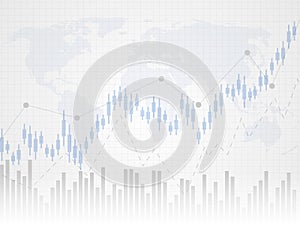 Abstract financial chart with uptrend line graph. Candle stick graph of investment trading on world map as background.