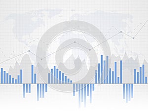 Abstract financial chart with uptrend line graph. Candle stick graph of investment trading on world map as background.