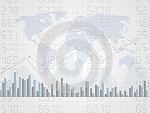 Abstract financial chart with uptrend line graph on number and world map. Candle stick graph of investment trading on world map.