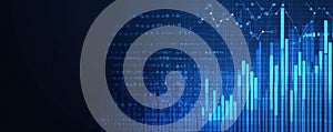 Abstract Financial Data Visualization Blue Bar Graph Line Chart and Binary Code Background