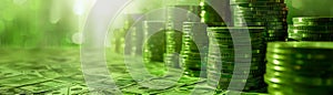 Abstract Financial Growth Concept with Stacks of Glowing Coins on Green Background with Sunlight Effect