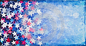 Blue vintage grunge background, colors of the American flag, stars red, blue and white, retro, place for text