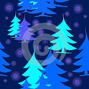 Abstract fir trees blue turquoise purple on dark blue with purple snowflakes