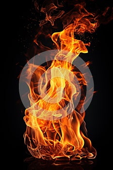 Abstract fire of bonfire at night, vertical pattern of flame and smoke isolated on black background. Concept of burning space,